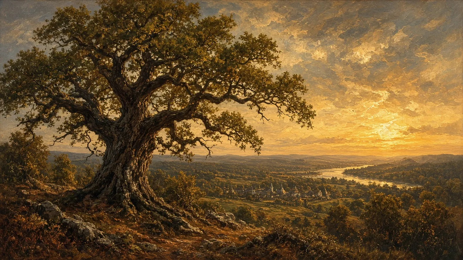 Painterly founding-era scene: The Charter Oak